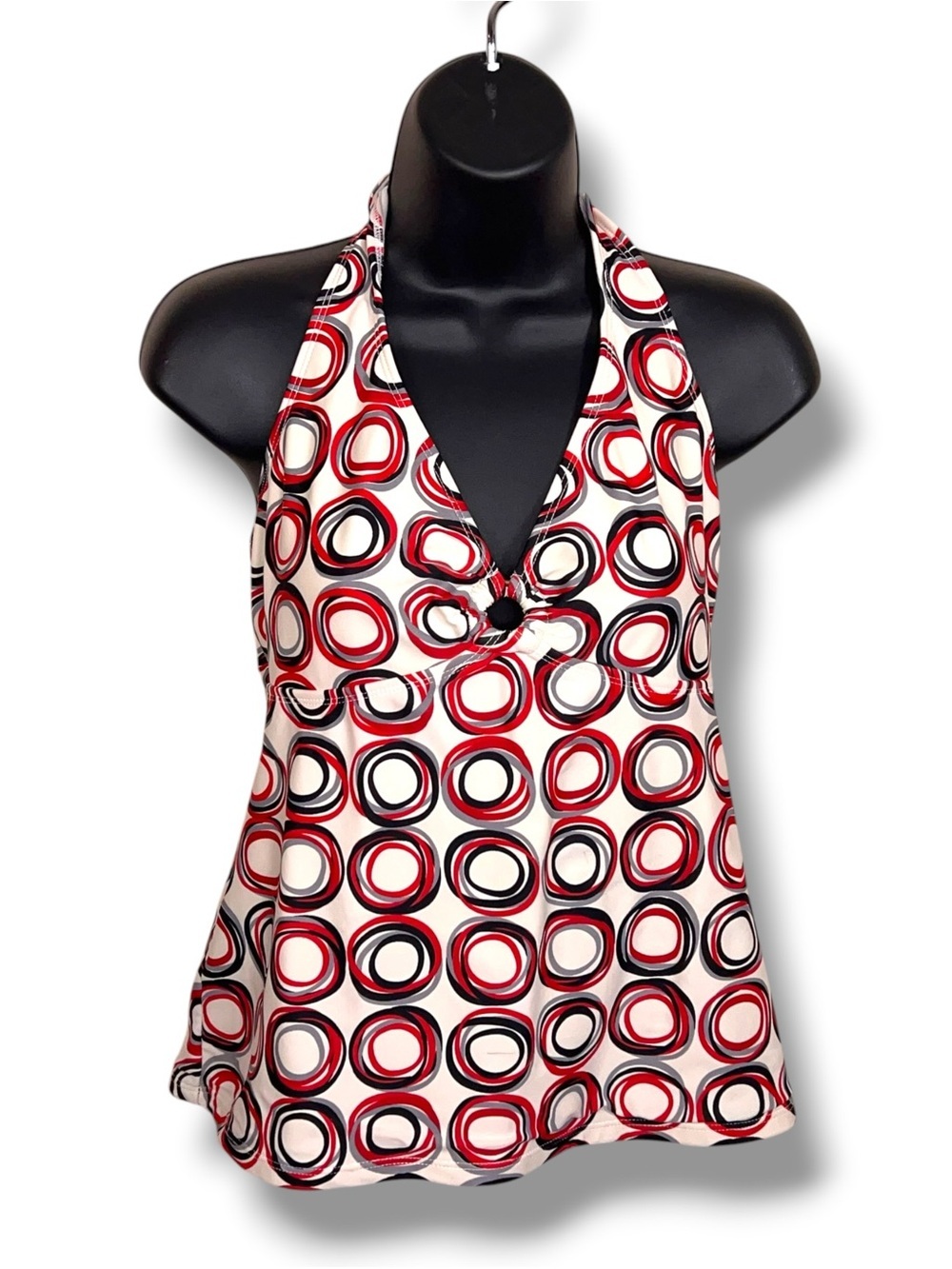 Size 10 Anne Cole Swim Top Ivory Red Black Circle Print Halter Tie Closure